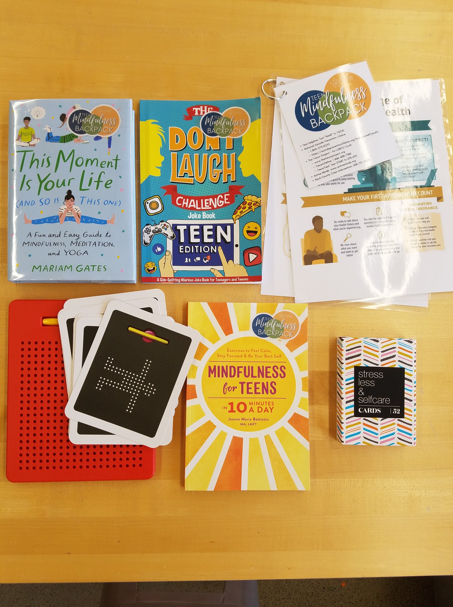 Teen Mindfulness Backpack Contents with Drawing Board and Books
