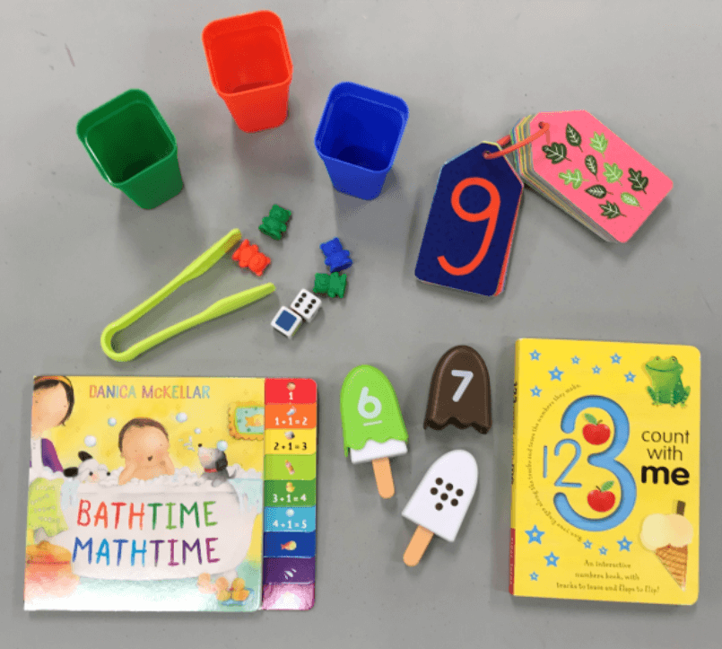 Math Kit books and number pops, flash cards and other games