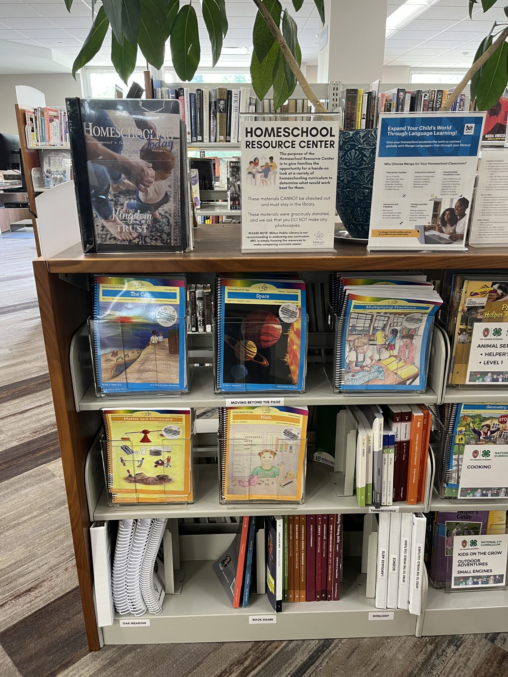 Library homeschool resource center with educational books and materials. Books are neatly arranged on shelves. The space is well-lit and inviting.