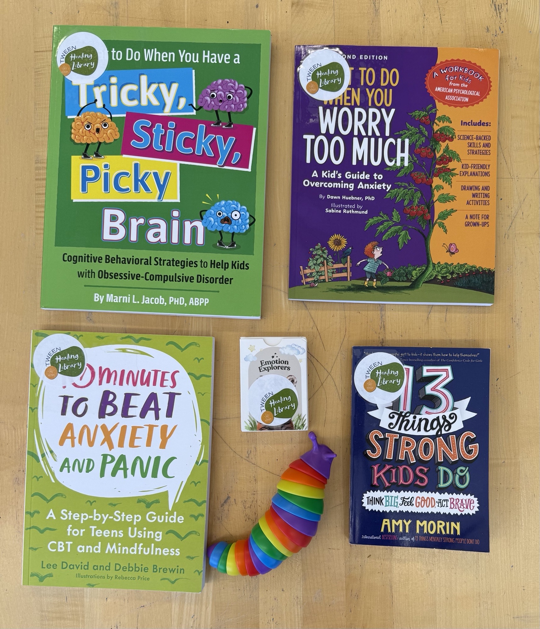 A collection of menal health books, a game, and a fidget on top of a table.